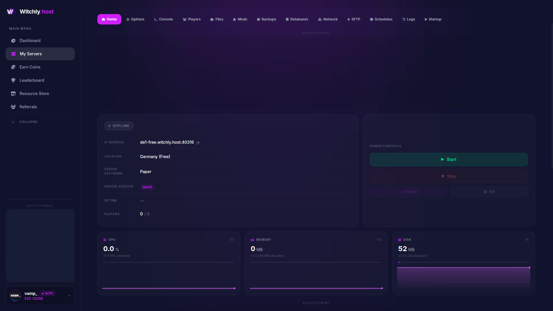 Witchly control panel showing server console and file manager